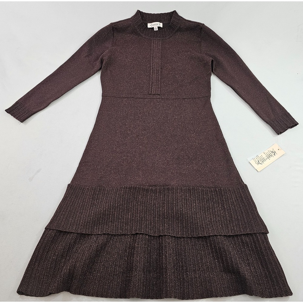 Nanette Lepore Brown Lurex Sweater Dress M Mock Neck Tiered NM2F11P61 $138 NEW